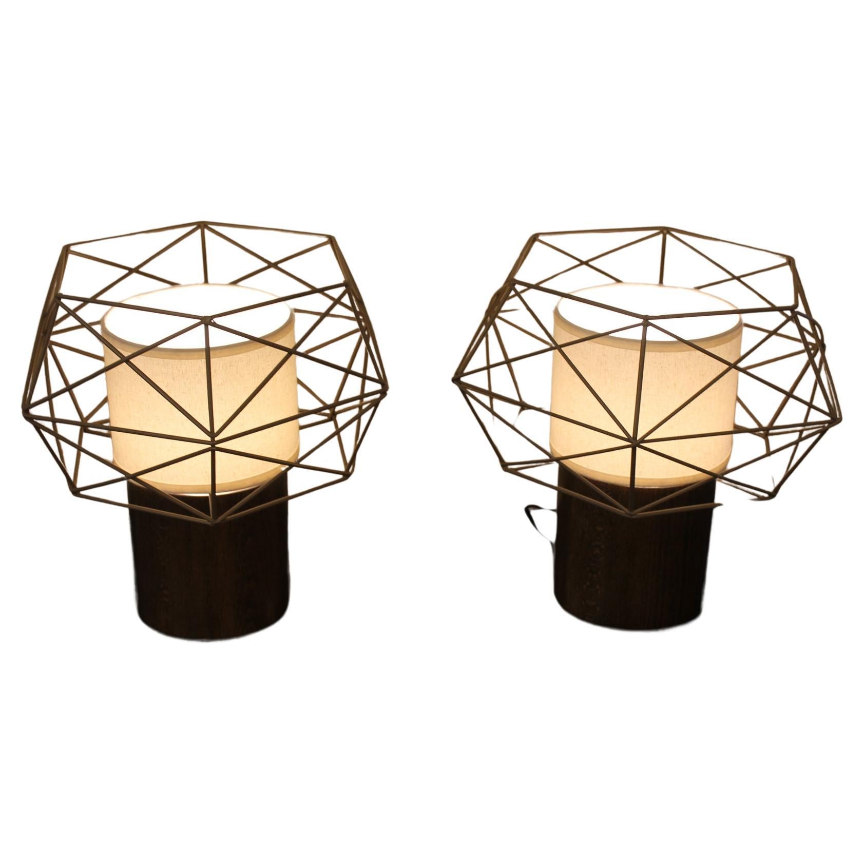 Pair Lamps, Modernist, Metal, Geometric For Sale