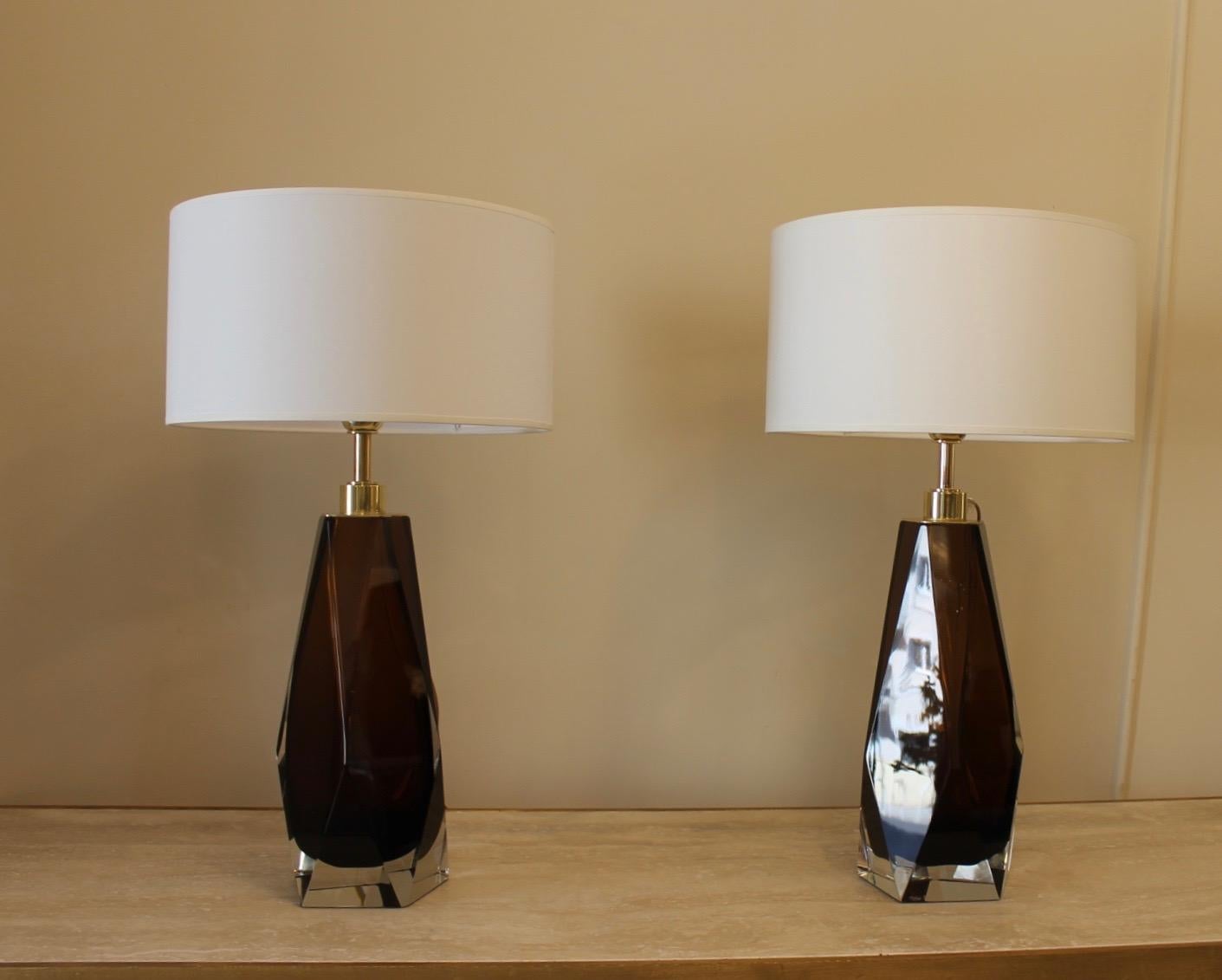 Italian Pair Lamps, Murano, Toso, Modern, Smoked Brown For Sale