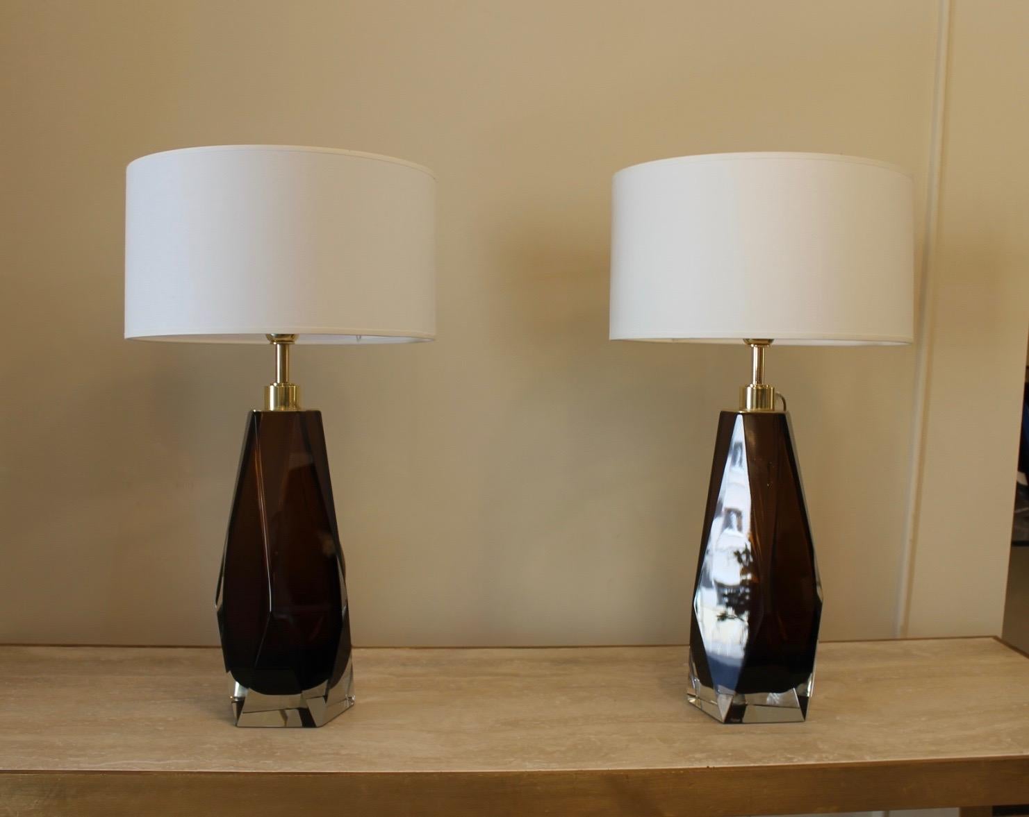 Pair Lamps, Murano, Toso, Modern, Smoked Brown In Distressed Condition For Sale In Nice, FR