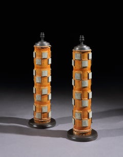 Pair, Lamps, Table, Print Roller, Wood, Metal, Victorian, Upcycled