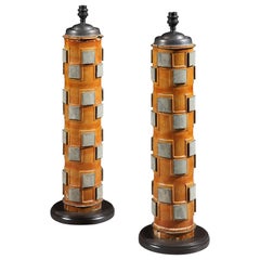 Pair, Lamps, Table, Print Roller, Wood, Metal, Victorian, Upcycled