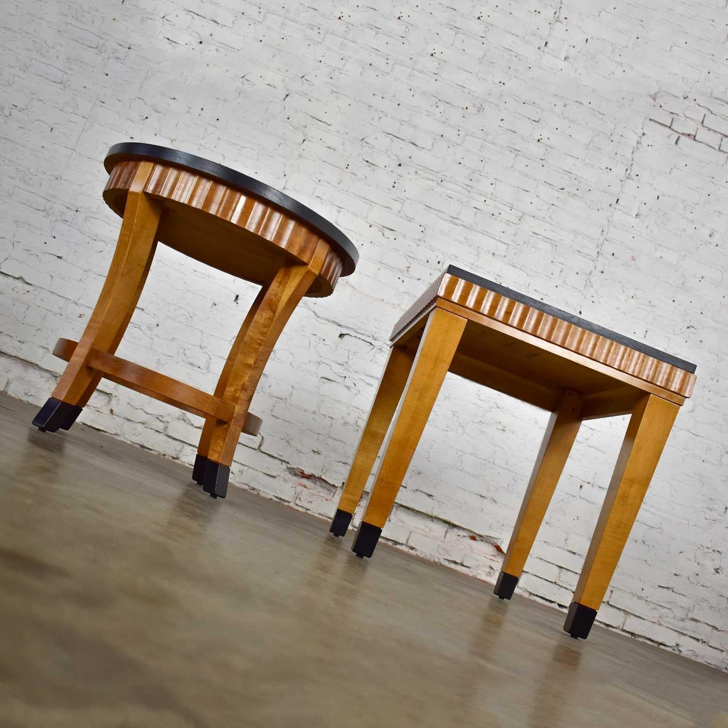 Veneer Pair Lane Art Deco Revival End Tables Wood Black Accents 1 Rectangle 1 Round