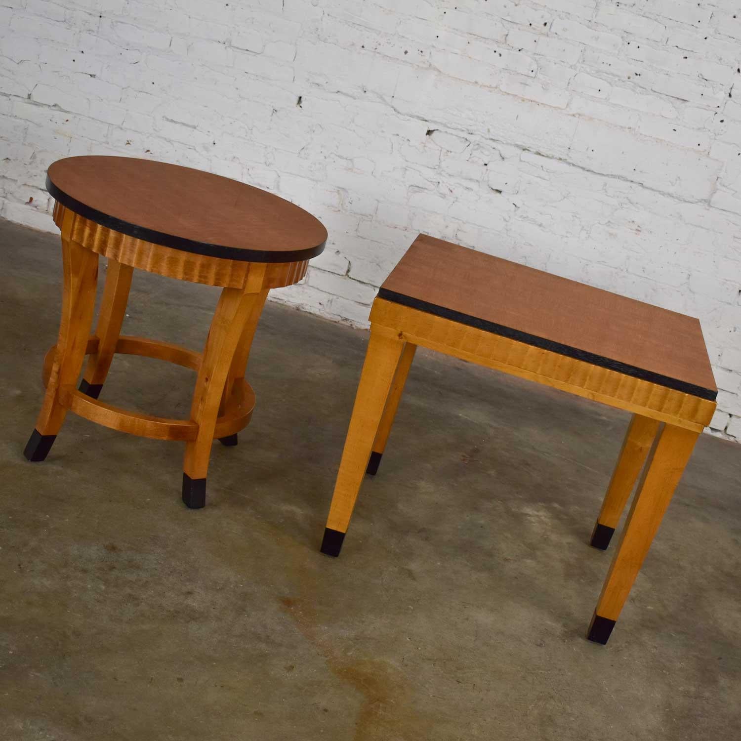 Pair Lane Art Deco Revival End Tables Wood Black Accents 1 Rectangle 1 Round In Good Condition In Topeka, KS