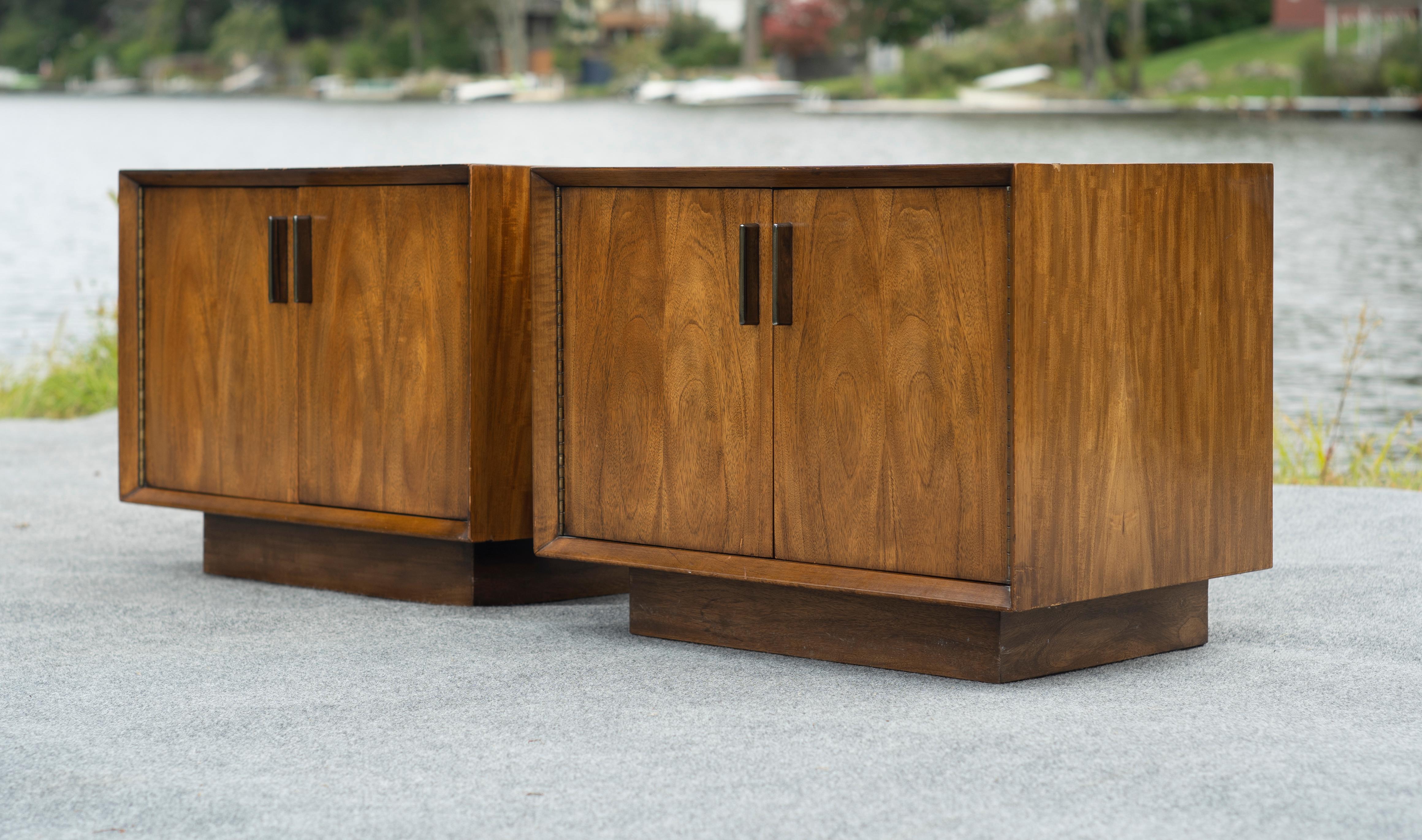 Pair Lane Bookmatched Paldao Walnut & Metal Nightstands or End Tables MidCentury For Sale 1