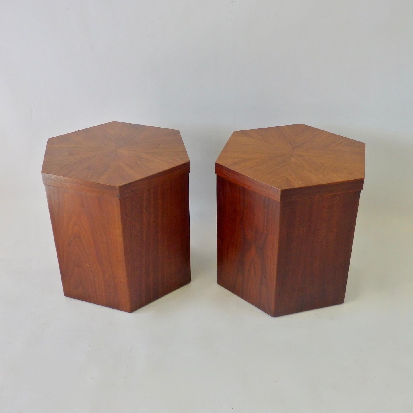 Mid-Century Modern Pair of Lane Hexagonal Walnut Side Pedestal Tables