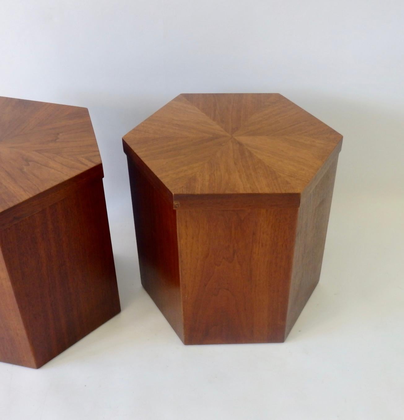 American Pair of Lane Hexagonal Walnut Side Pedestal Tables