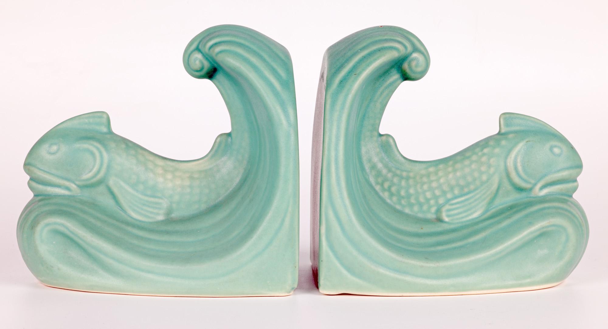 Stoneware Pair Langley Art Deco Fish & Wave Art Pottery Bookends For Sale