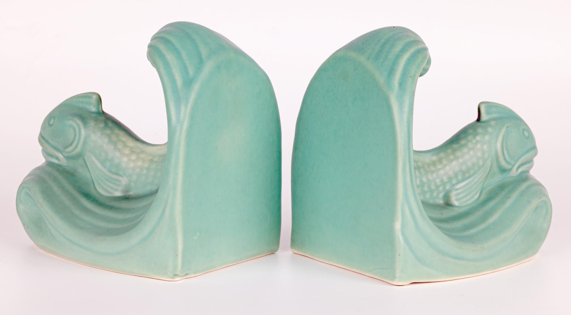 Pair Langley Art Deco Fish & Wave Art Pottery Bookends For Sale 2