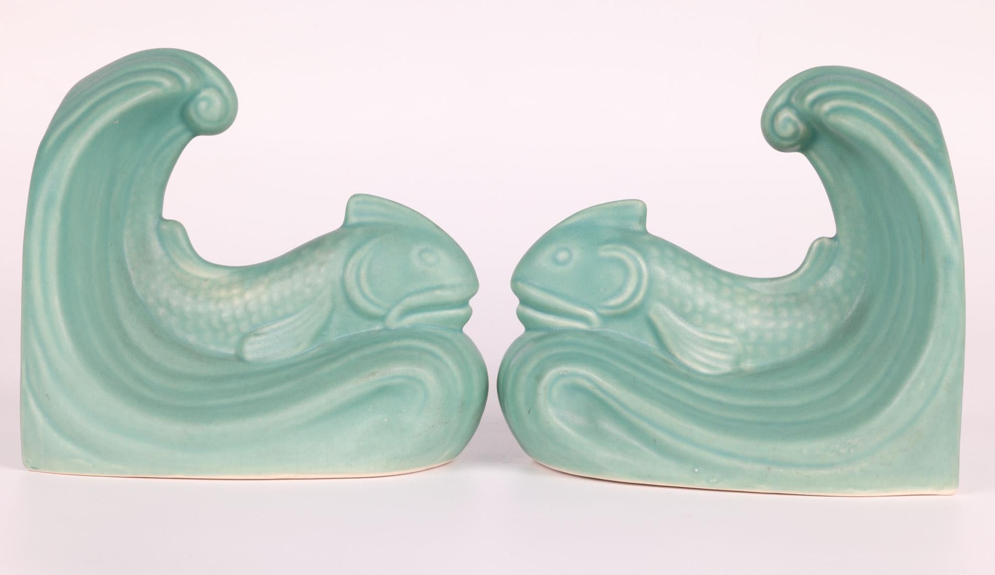 Pair Langley Art Deco Fish & Wave Art Pottery Bookends For Sale 7