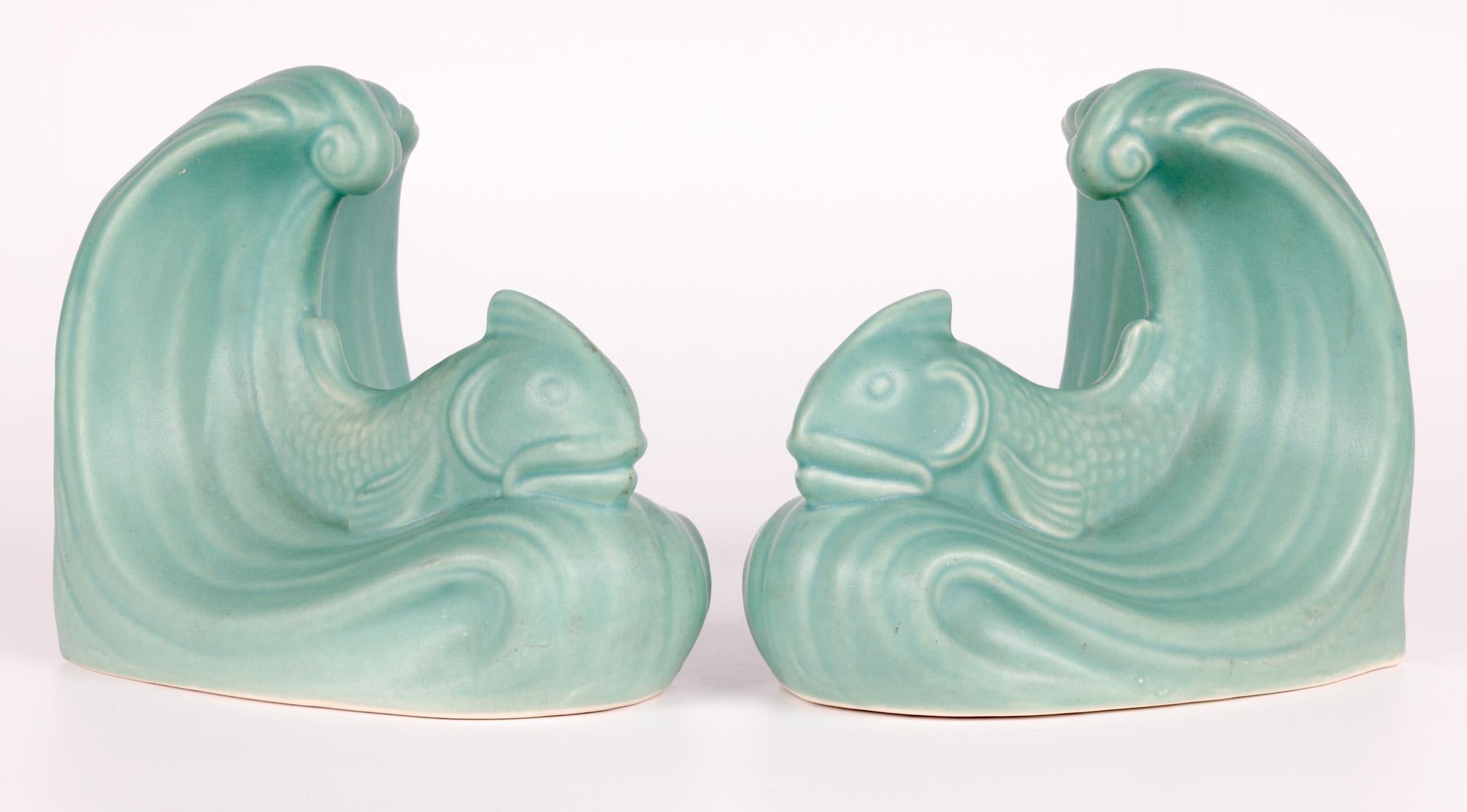 Pair Langley Art Deco Fish & Wave Art Pottery Bookends 8