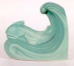 Pair Langley Art Deco Fish & Wave Art Pottery Bookends