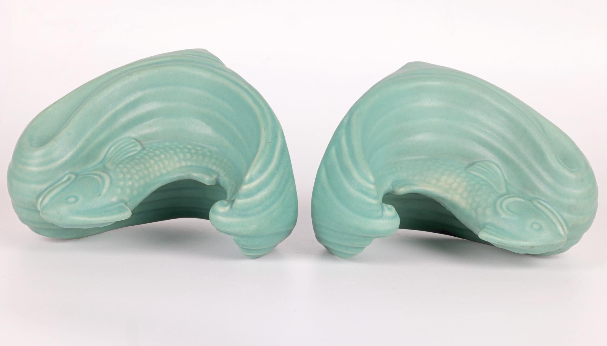 British Pair Langley Art Deco Fish & Wave Art Pottery Bookends For Sale