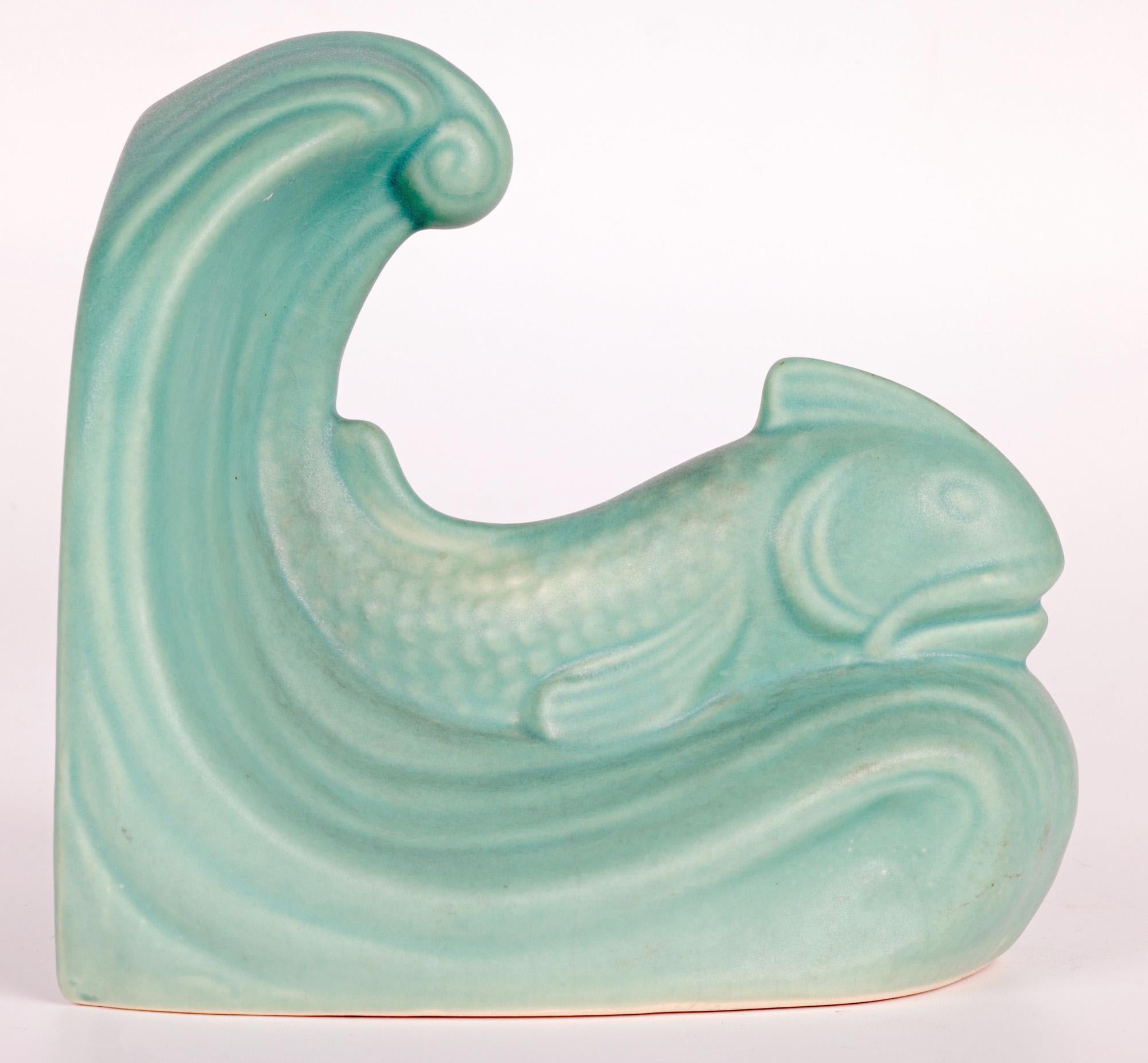 Glazed Pair Langley Art Deco Fish & Wave Art Pottery Bookends For Sale