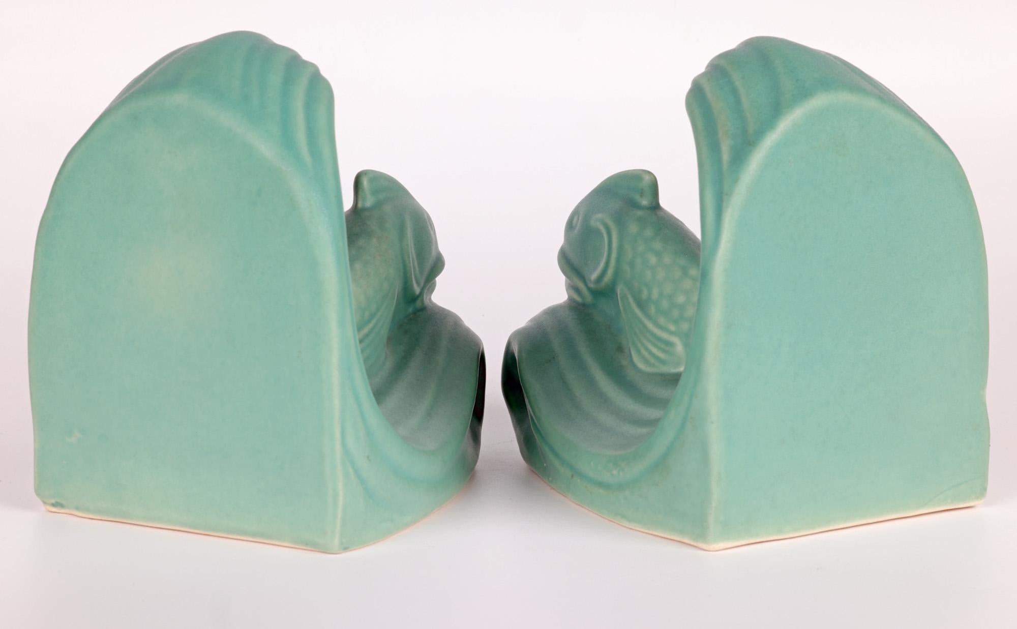 Pair Langley Art Deco Fish & Wave Art Pottery Bookends In Good Condition For Sale In Bishop's Stortford, Hertfordshire