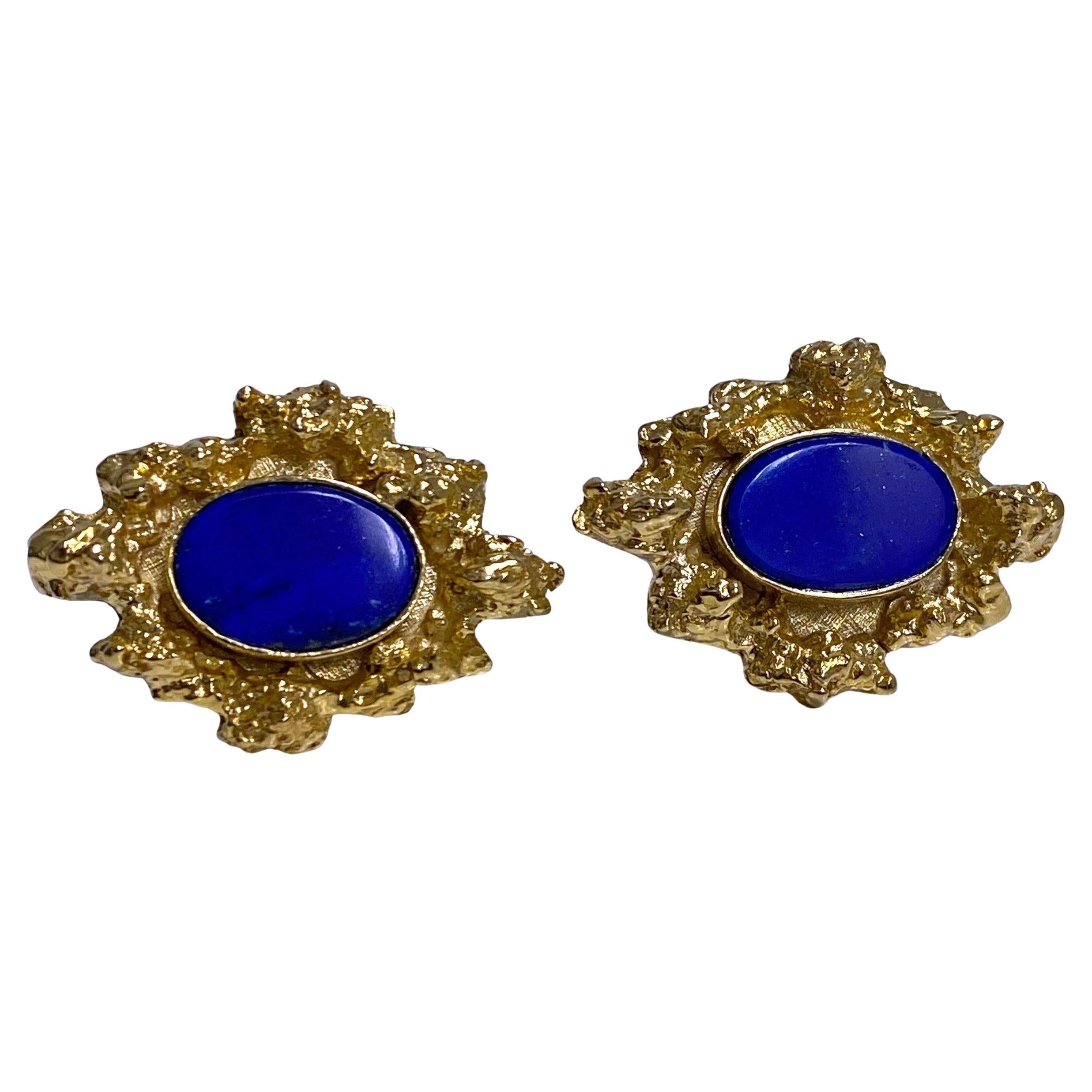 Pair Lapis 14K Gold Cufflinks C.1970