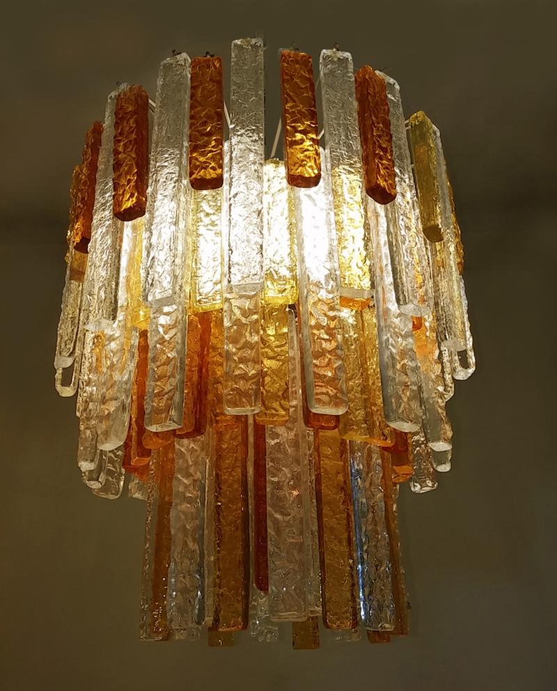 Steel Pair  Large Mazzega Murano Glass Chandelier Pendant Light, Venini Gio Ponti Era