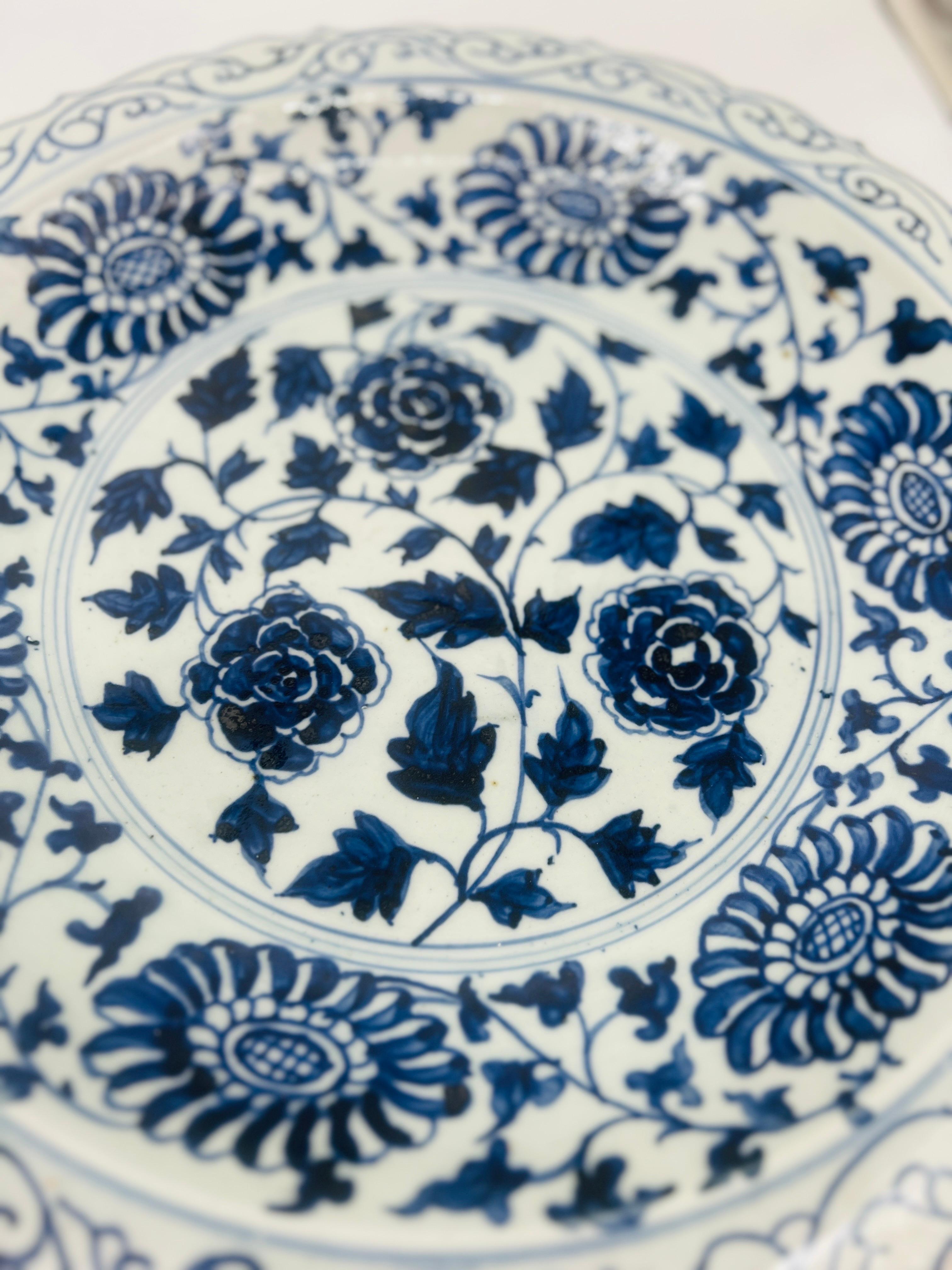 Pair, Large Chinese Blue & White Porcelain Floral Platters For Sale 2