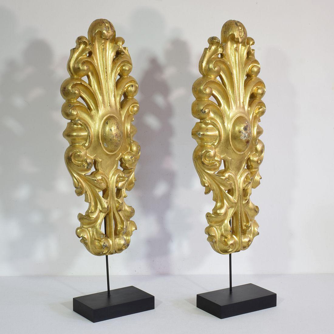 Hand-Carved Pair Large 18th Century Italian Neoclassical Carved Giltwood Ornaments