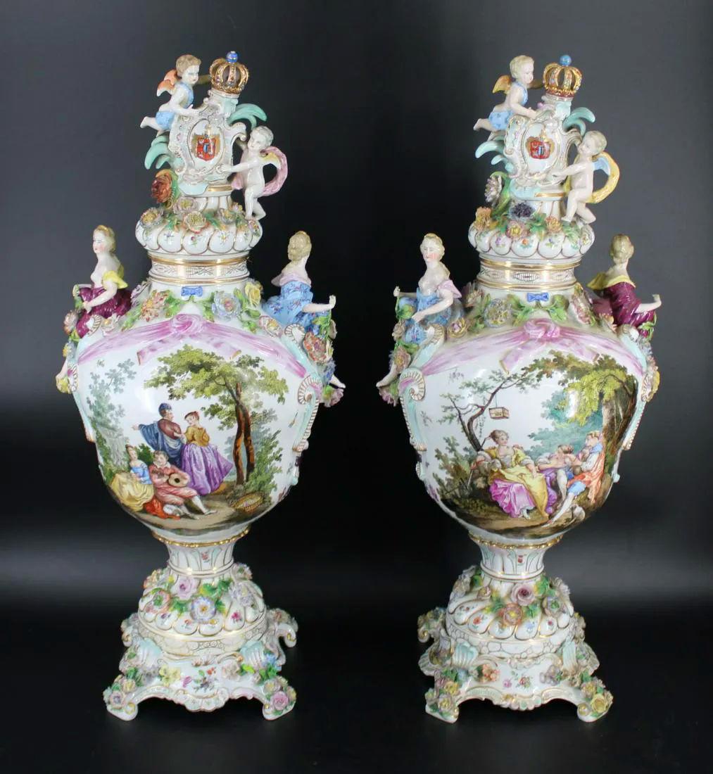 Pair large19 century German Dresden hand painted porcelain vases with covers and stands in the 18th Century Rococo Style, with crossed swords mark with the letter T.