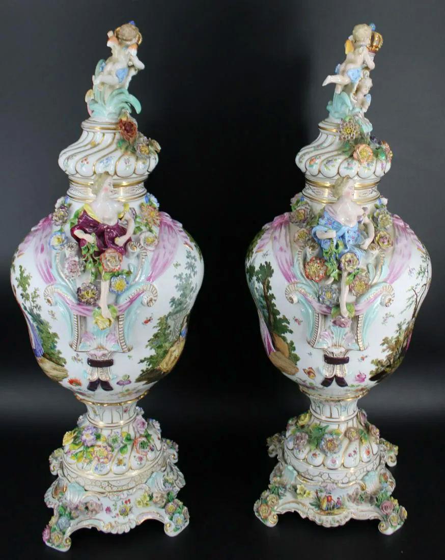 Rococo Revival Pair Large 19 Century German Dresden Porcelain Urns