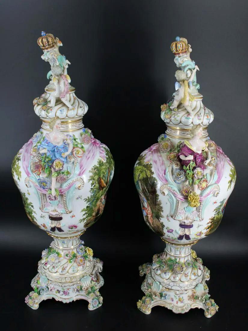 Polychromed Pair Large 19 Century German Dresden Porcelain Urns