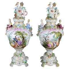 Pair Large 19 Century German Dresden Porcelain Urns