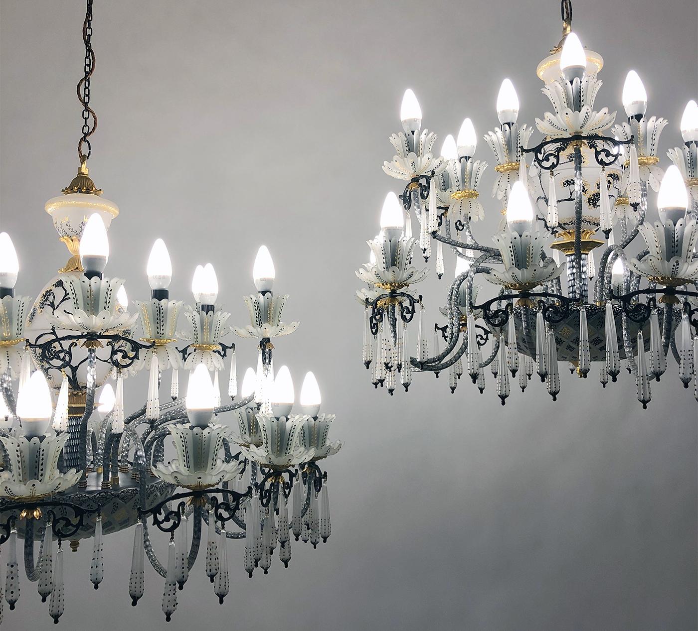 Mid-20th Century Pair Large 1970s Italian Venetian Glass Gilt 24-Bulb Belle Epoque Chandeliers For Sale