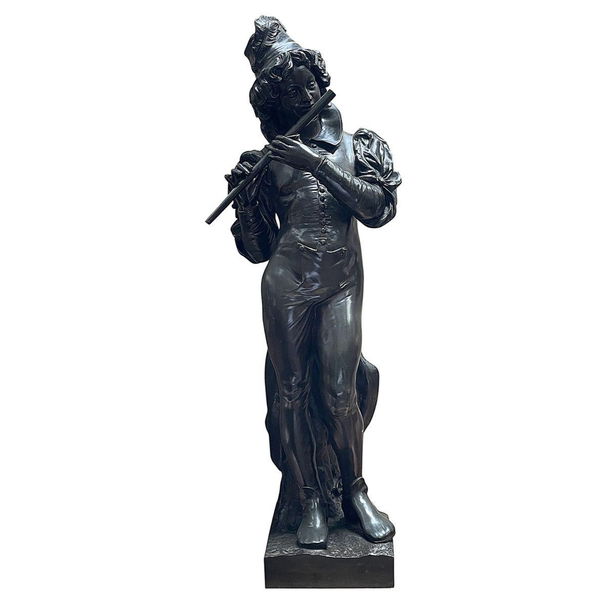A large and impressive pair of mid 19th Century Venetian style bronze musicians playing a flute and mandolin, each in traditional hats and clothing.
Batch 73 60823 YTKZ