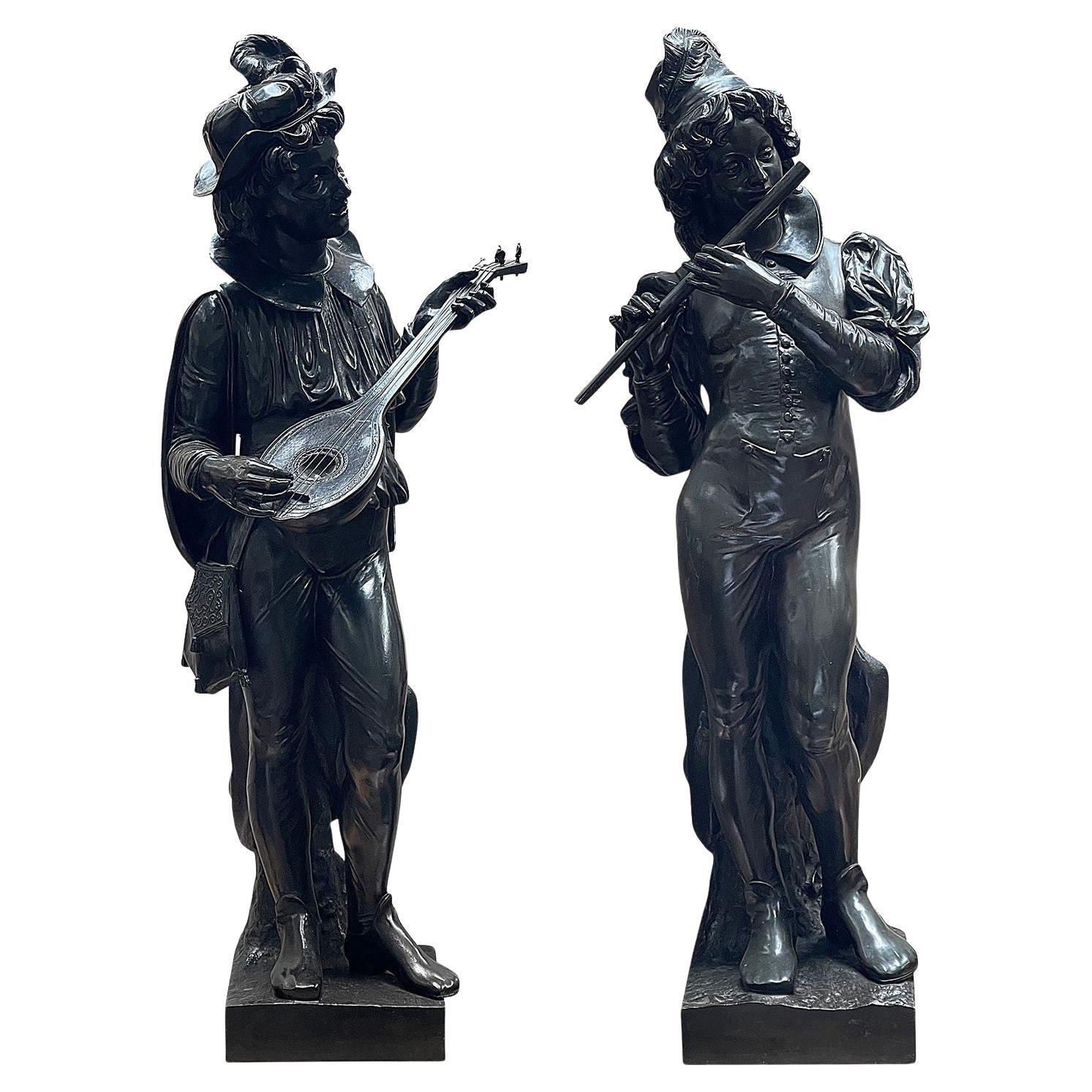 Pair large 19th Bronze Venetian musicians, circa 1860 For Sale