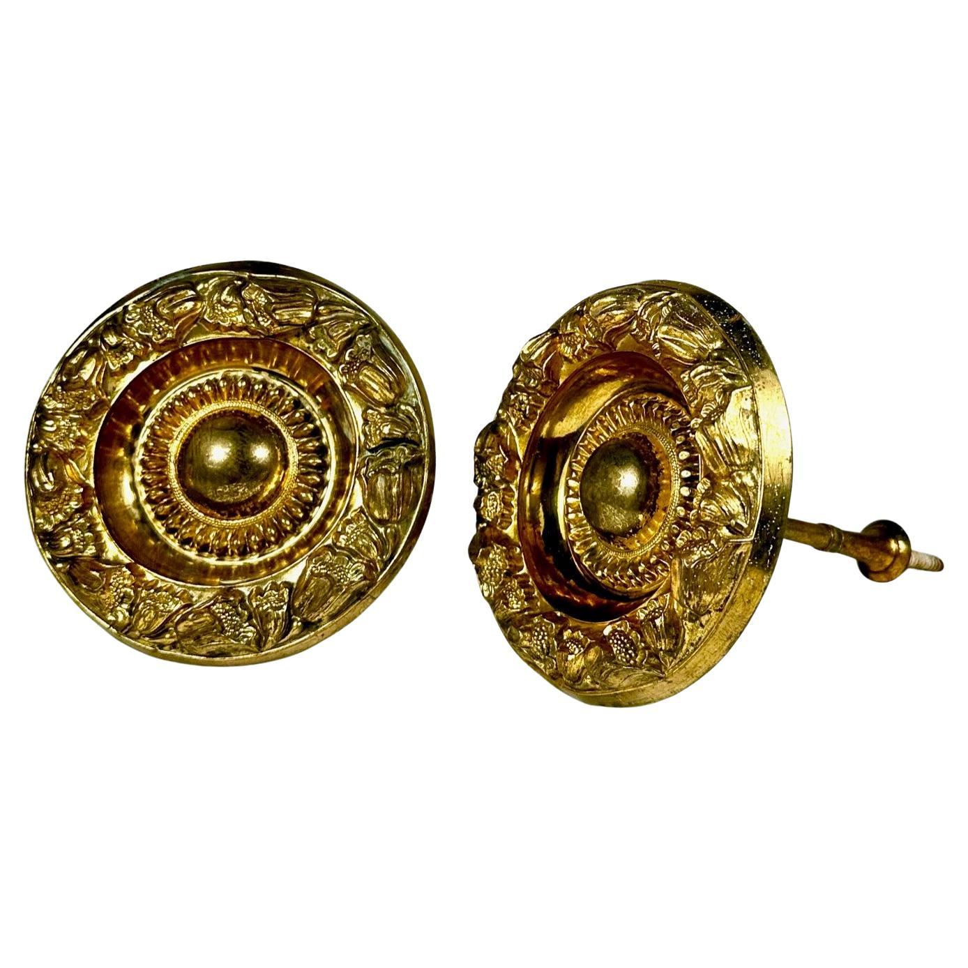 Gilt Pair Large 19th C. American Federal Empire Brass Curtain Tie Backs. For Sale