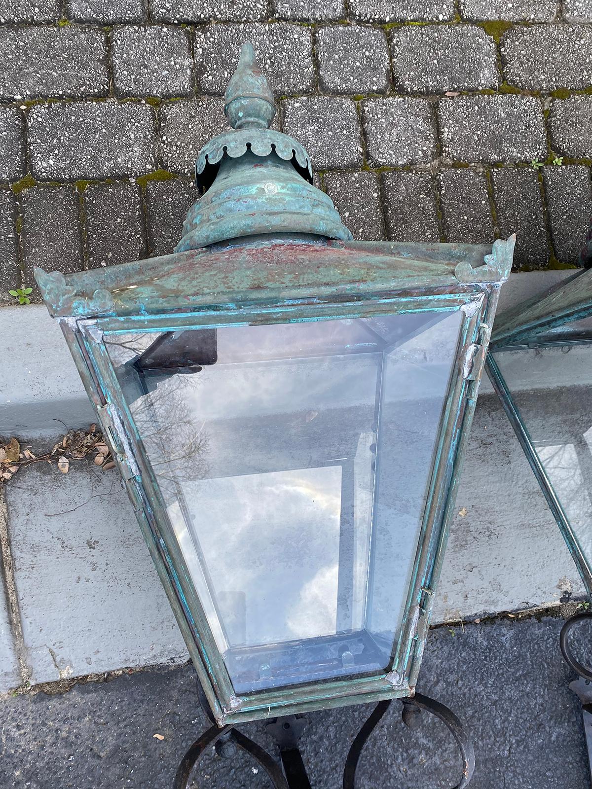 Pair Large 19th Century English Copper Lanterns with 20th Century Iron Brackets For Sale 15