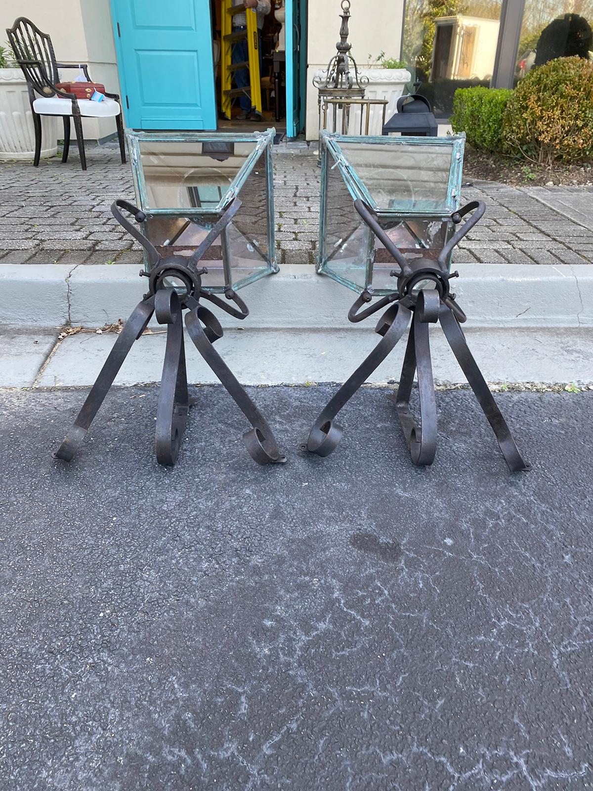 Pair Large 19th Century English Copper Lanterns with 20th Century Iron Brackets For Sale 1