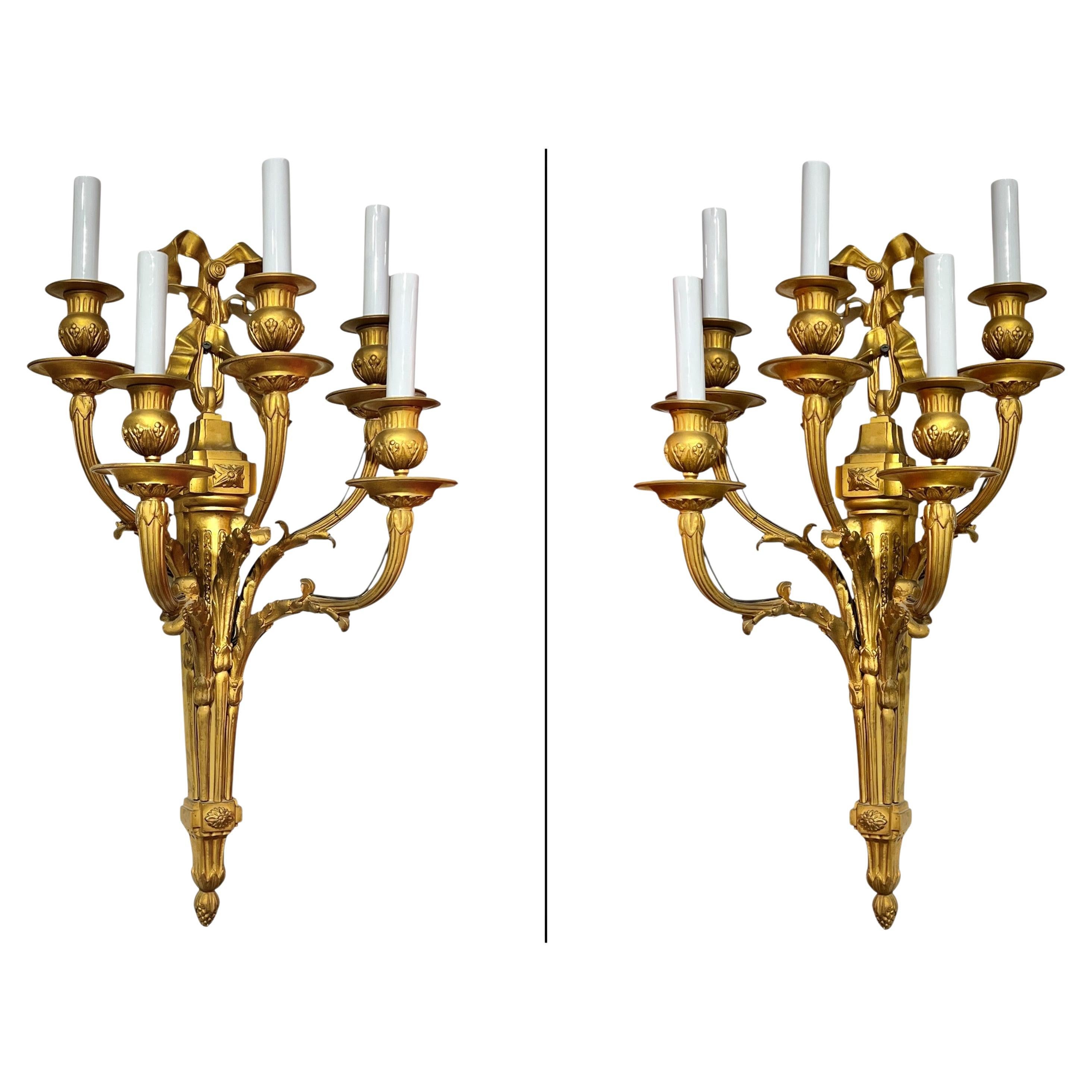 Pair Large 19th Century French Louis XVI Style 5-Light Gilt Bronze Sconces