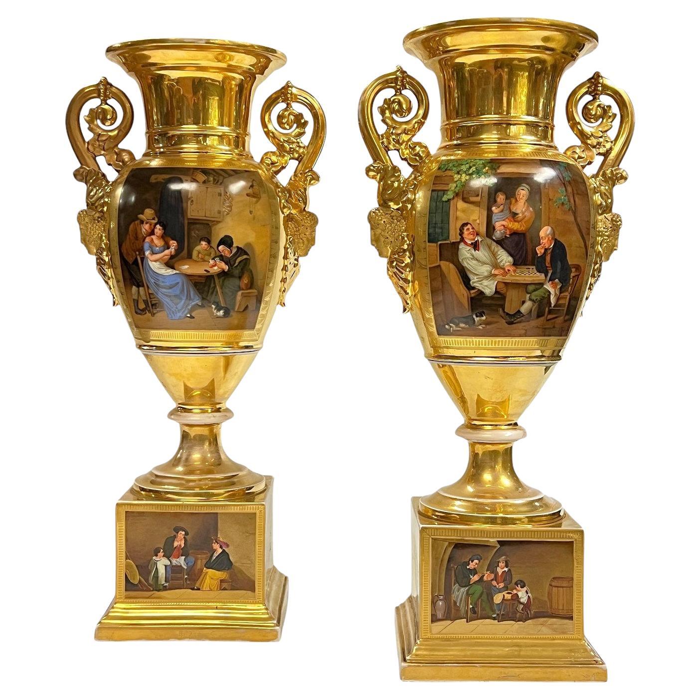 Pair 19th Century Gilded White Glazed French Paris Porcelain Vases For