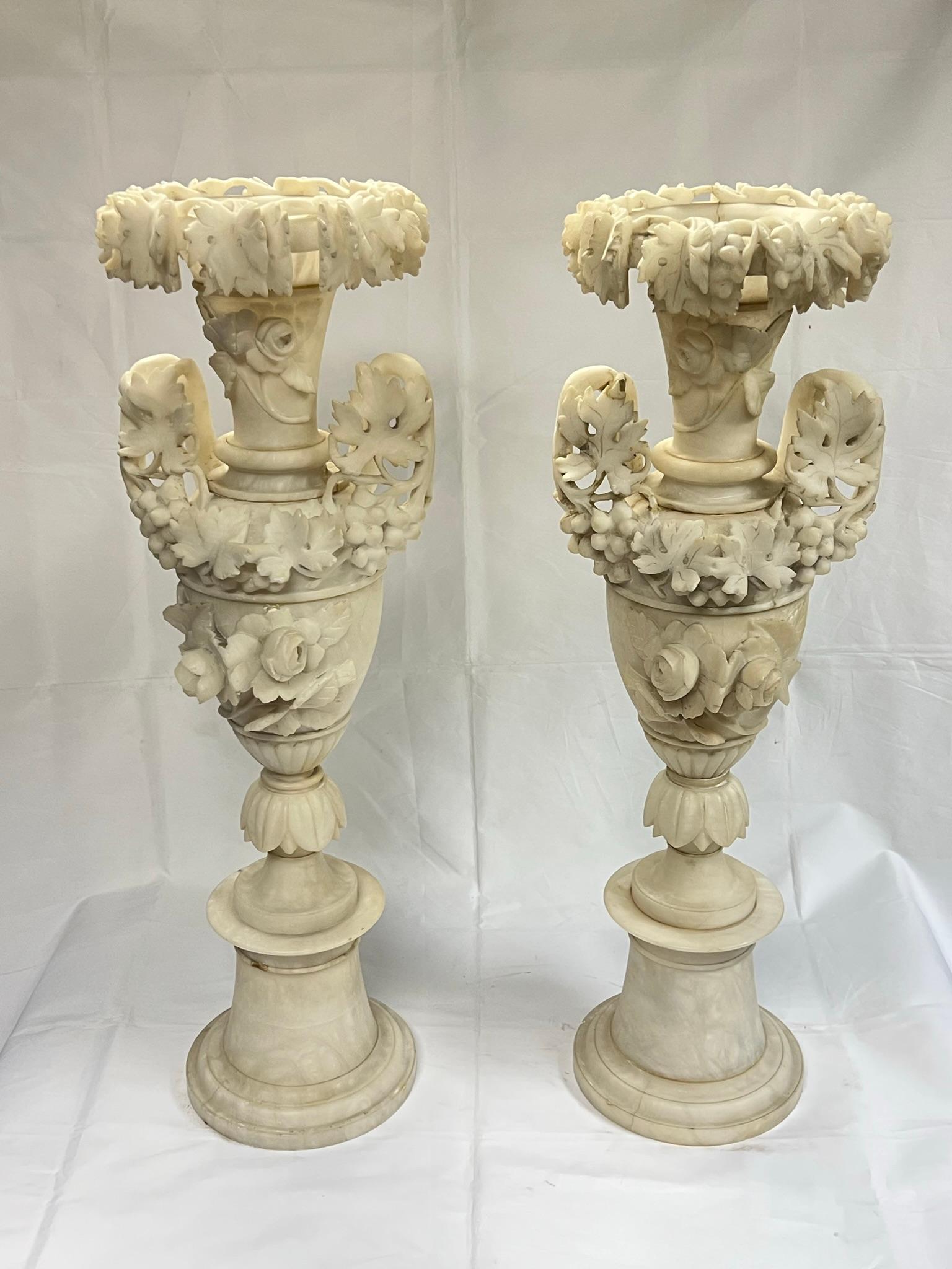 Hand-Carved Pair Large 19th Century Italian Carved Alabaster Vases For Sale