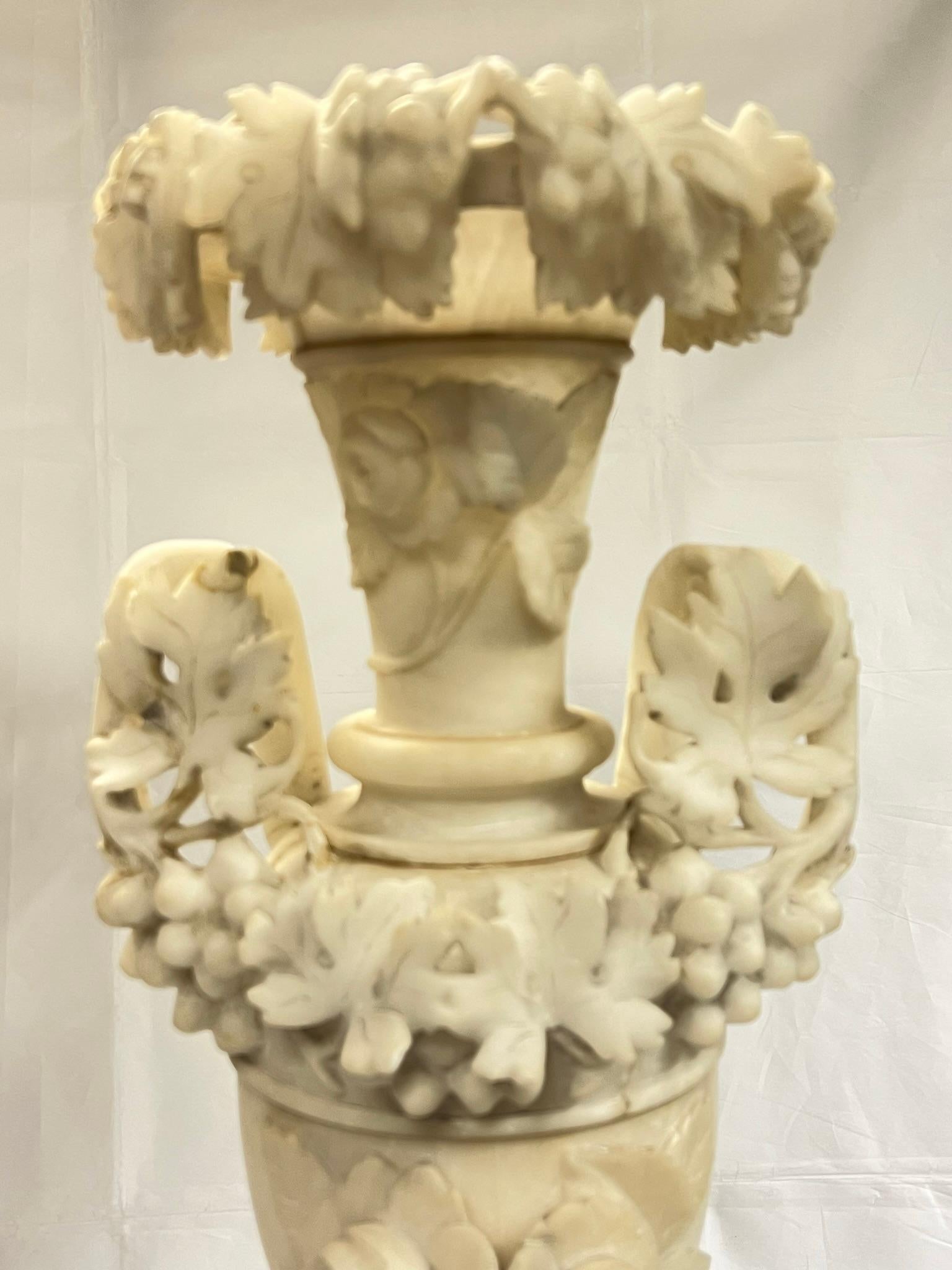 Pair Large 19th Century Italian Carved Alabaster Vases In Good Condition For Sale In New York, NY