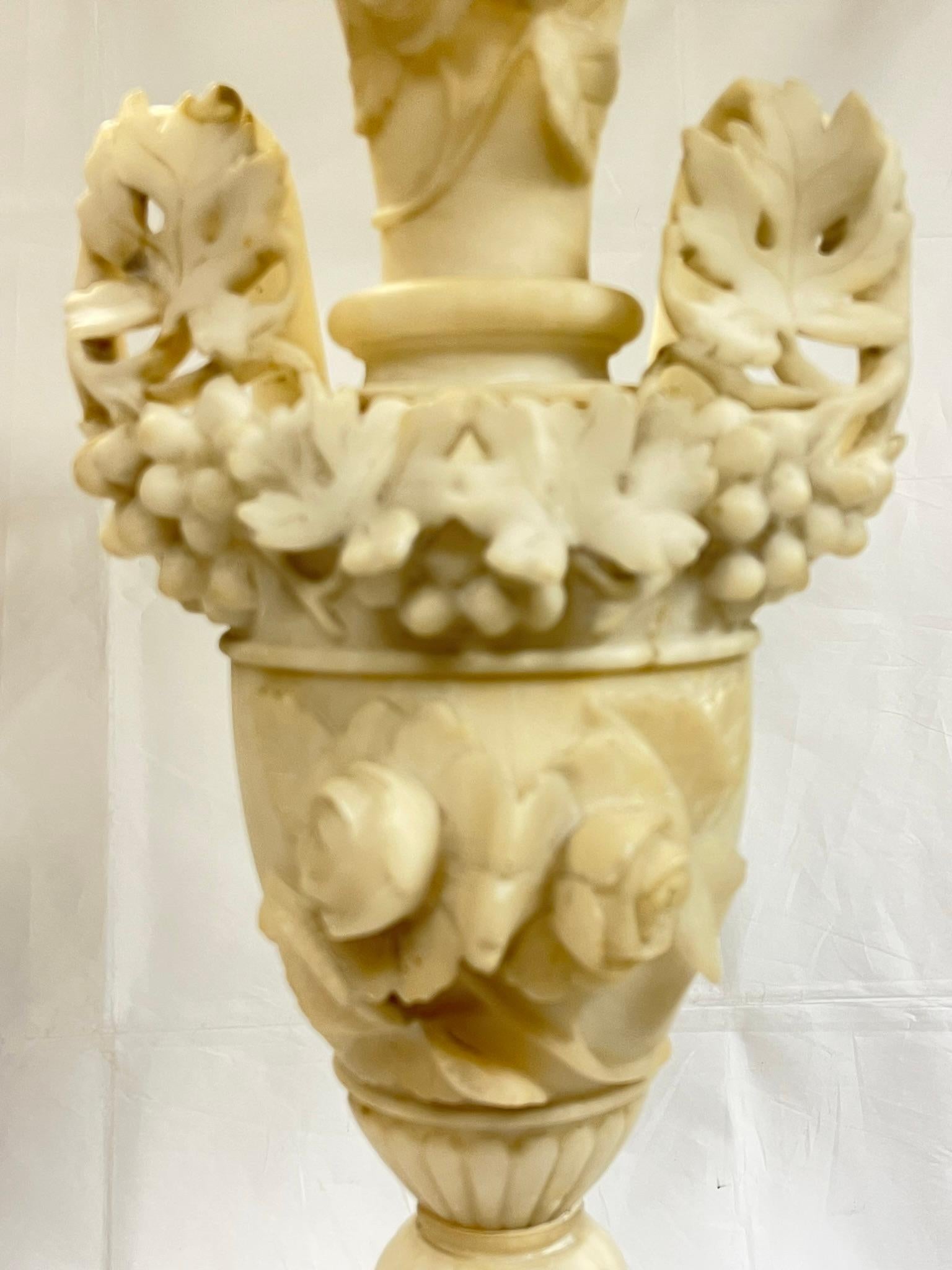 Pair Large 19th Century Italian Carved Alabaster Vases For Sale 1