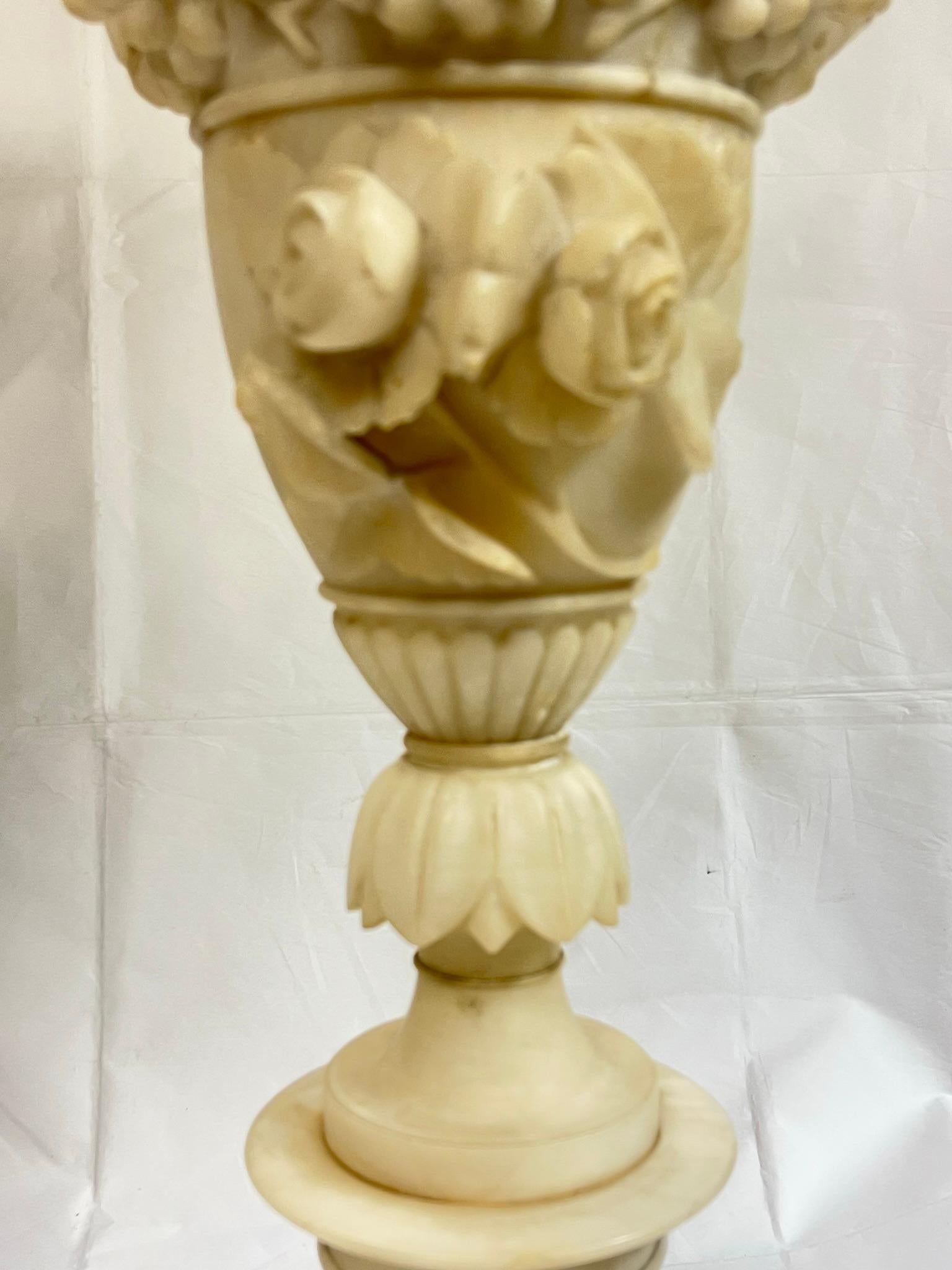 Pair Large 19th Century Italian Carved Alabaster Vases For Sale 2