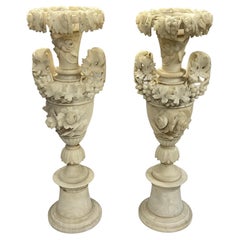 Antique Pair Large 19th Century Italian Carved Alabaster Vases