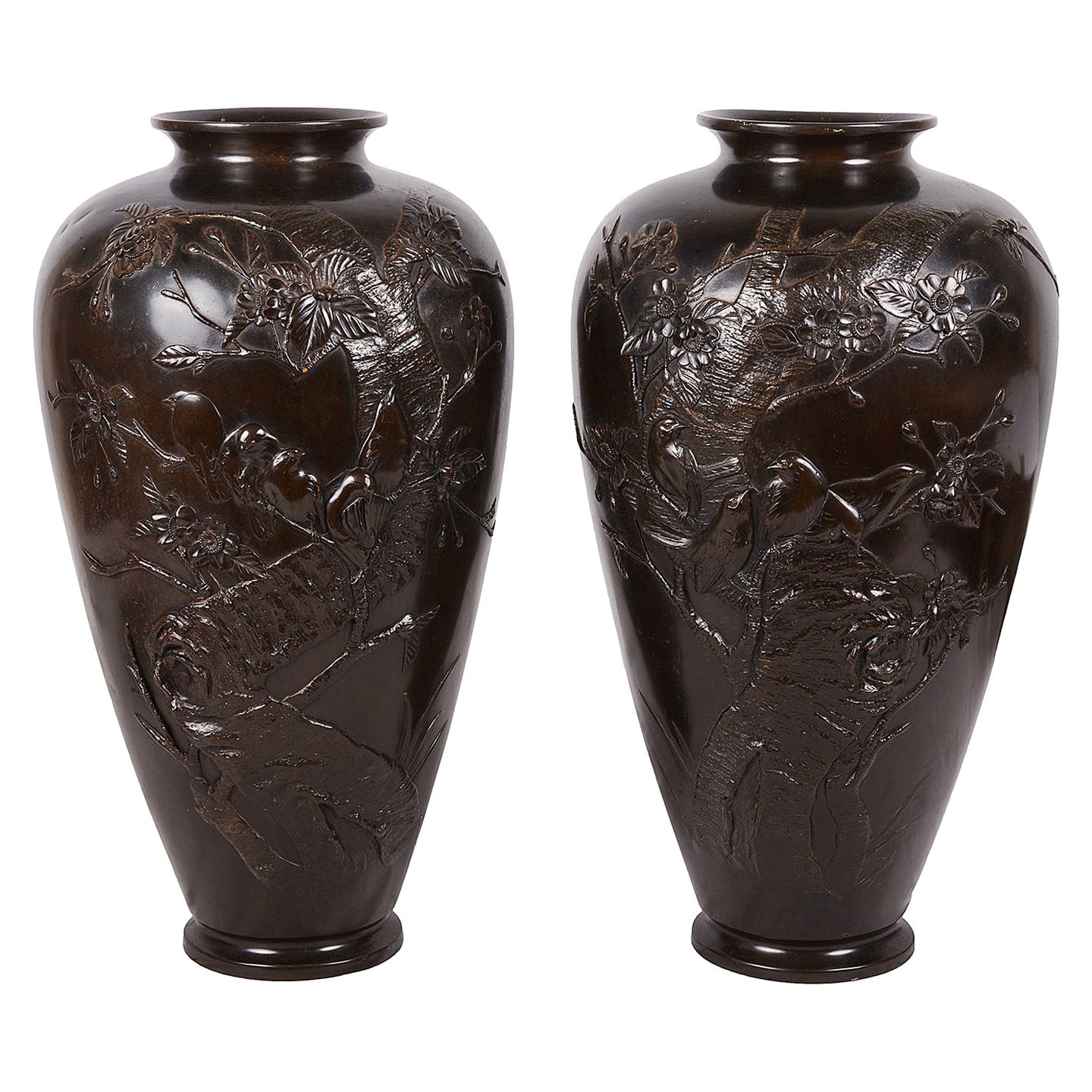 Pair Large 19th Century Japanese Bronze Embossed Vases
