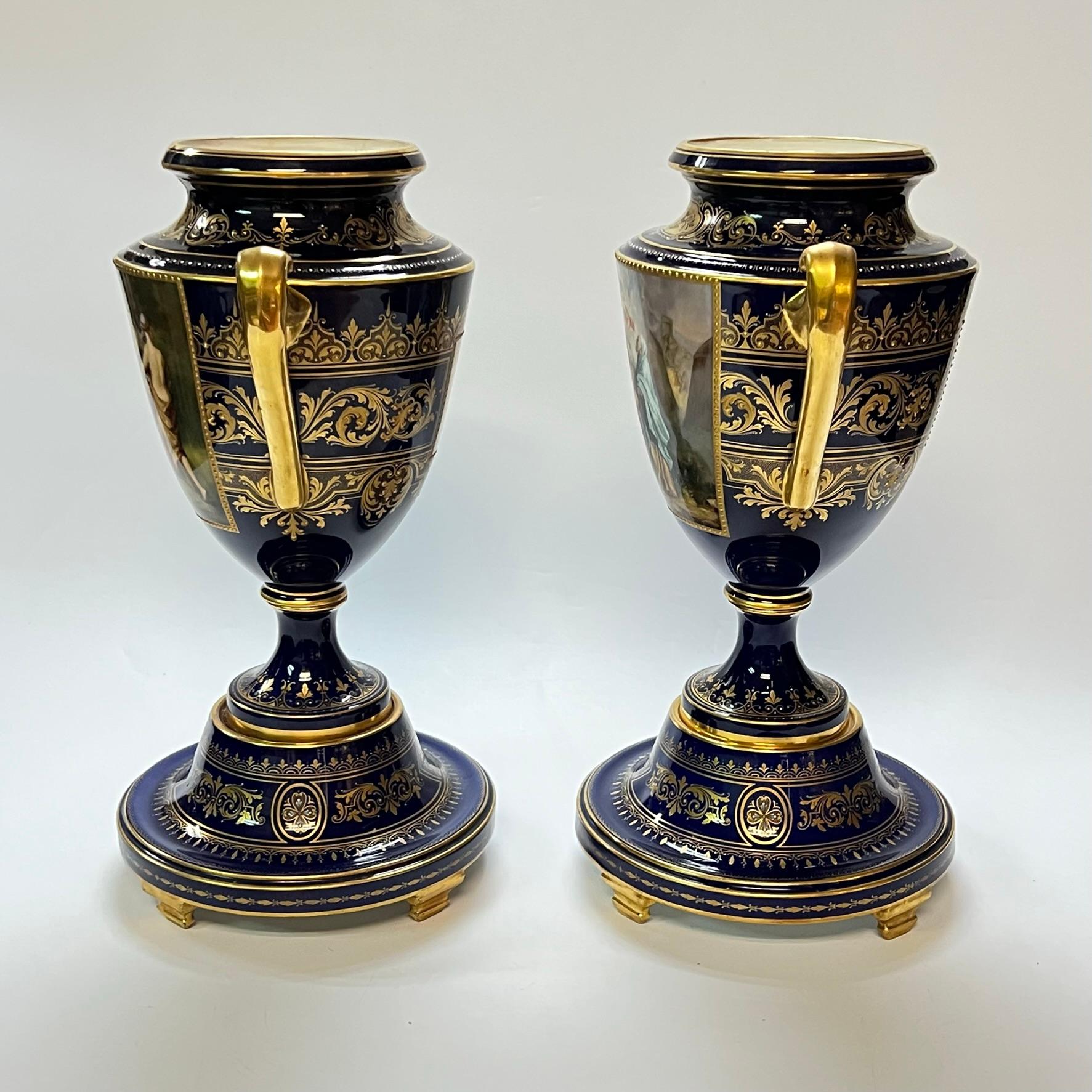 Austrian Pair Large 19th Century Royal Vienna Porcelain Handled Vases For Sale