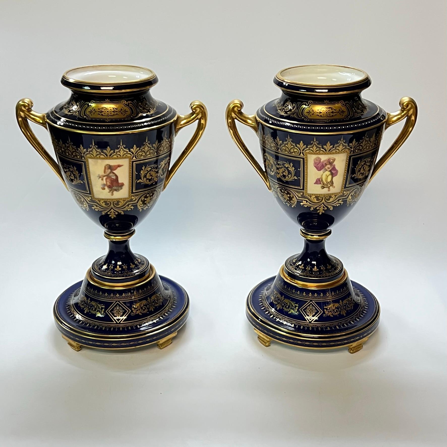 Gilt Pair Large 19th Century Royal Vienna Porcelain Handled Vases For Sale
