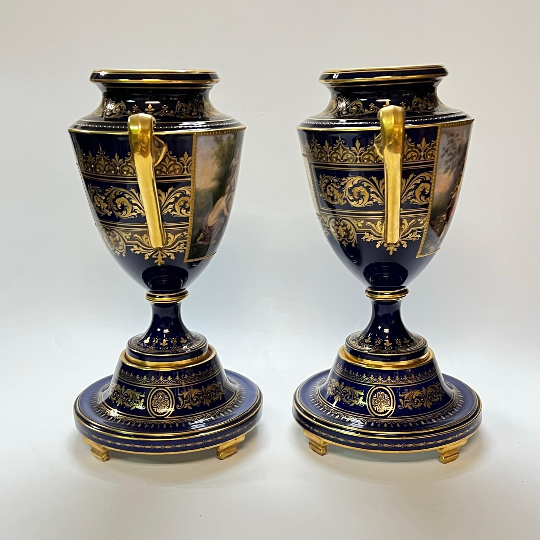Pair Large 19th Century Royal Vienna Porcelain Handled Vases In Good Condition For Sale In New York, NY