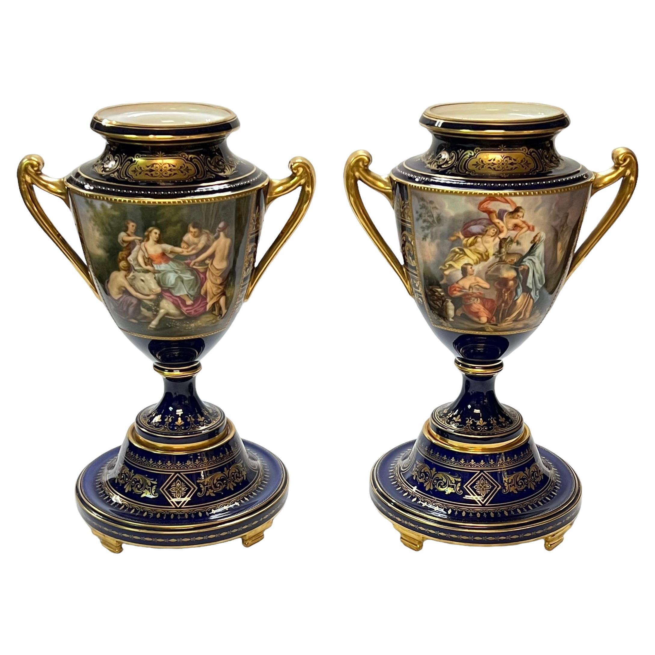 Pair Large 19th Century Royal Vienna Porcelain Handled Vases For Sale