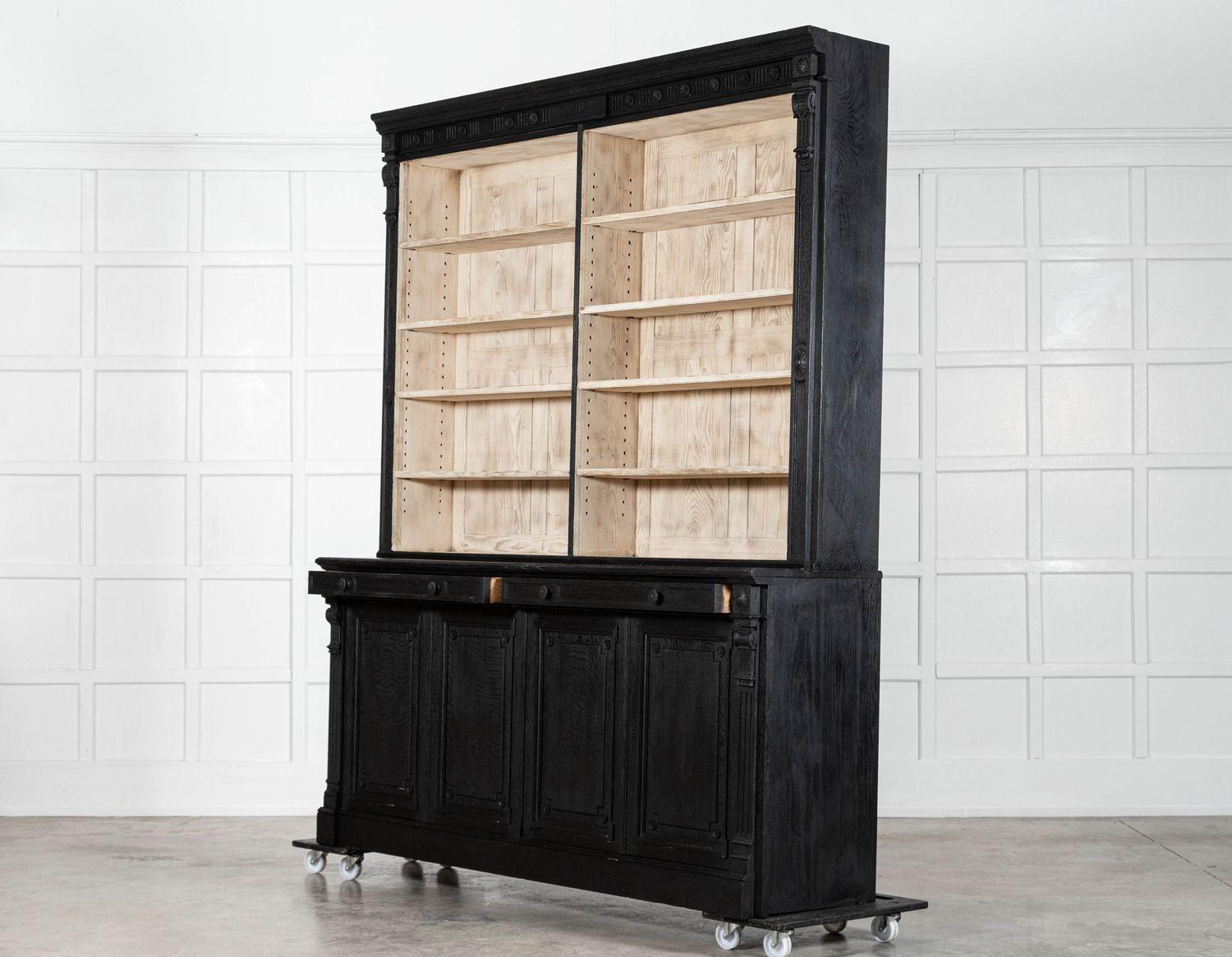 Pair Large 19thC English Ebonised & Bleached Carved Oak Bookcases For Sale 6