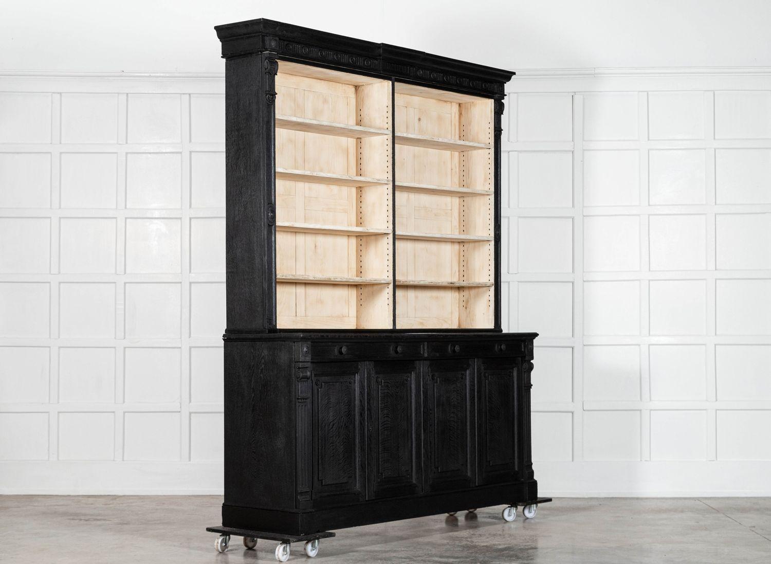 Pair Large 19thC English Ebonised & Bleached Carved Oak Bookcases For Sale 7
