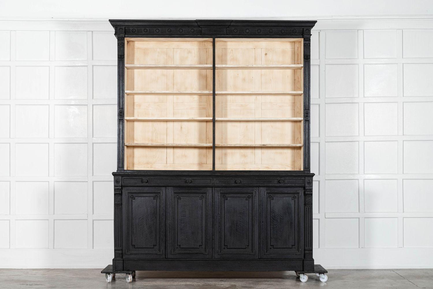 Pair Large 19thC English Ebonised & Bleached Carved Oak Bookcases For Sale 8
