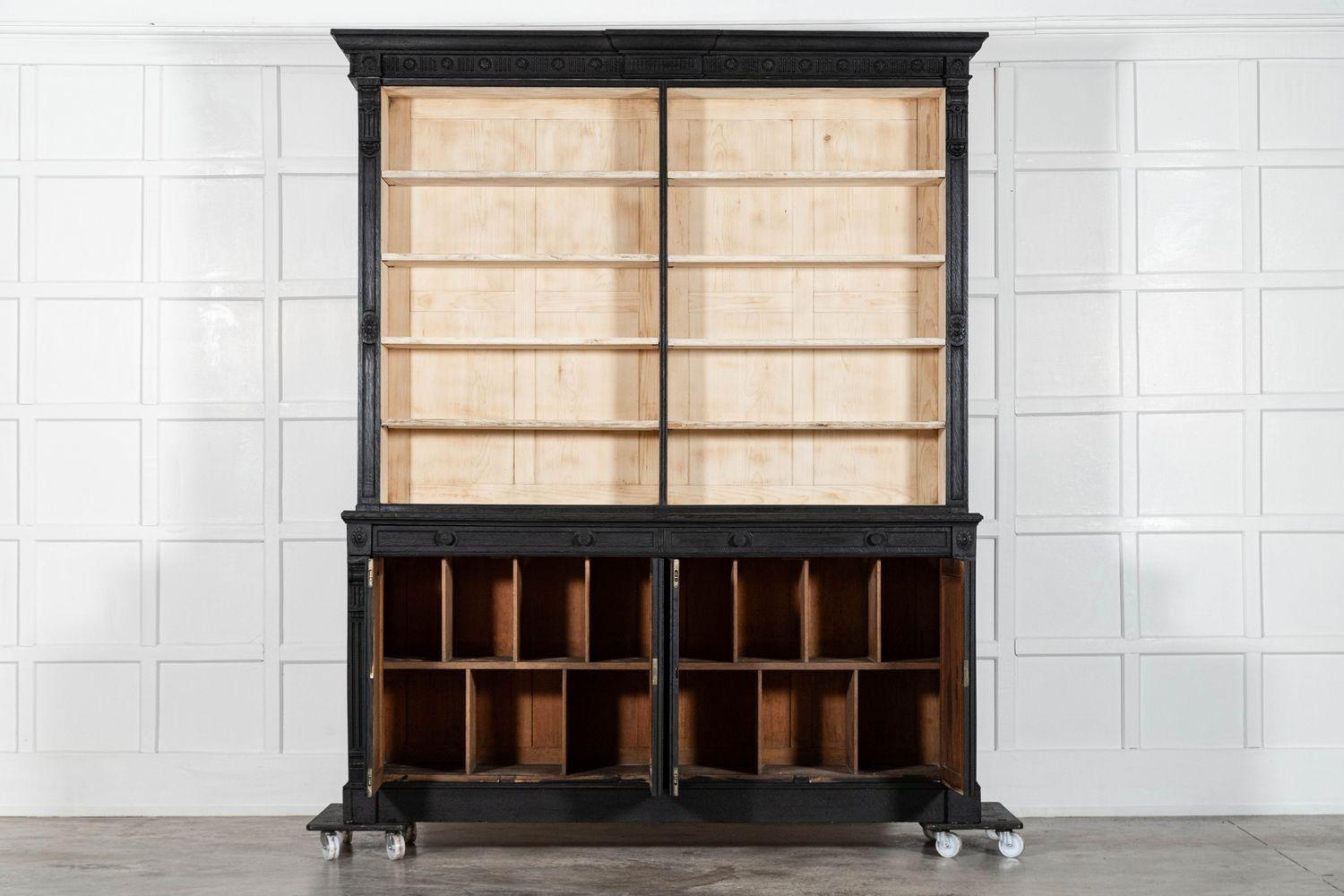 Pair Large 19thC English Ebonised & Bleached Carved Oak Bookcases For Sale 9