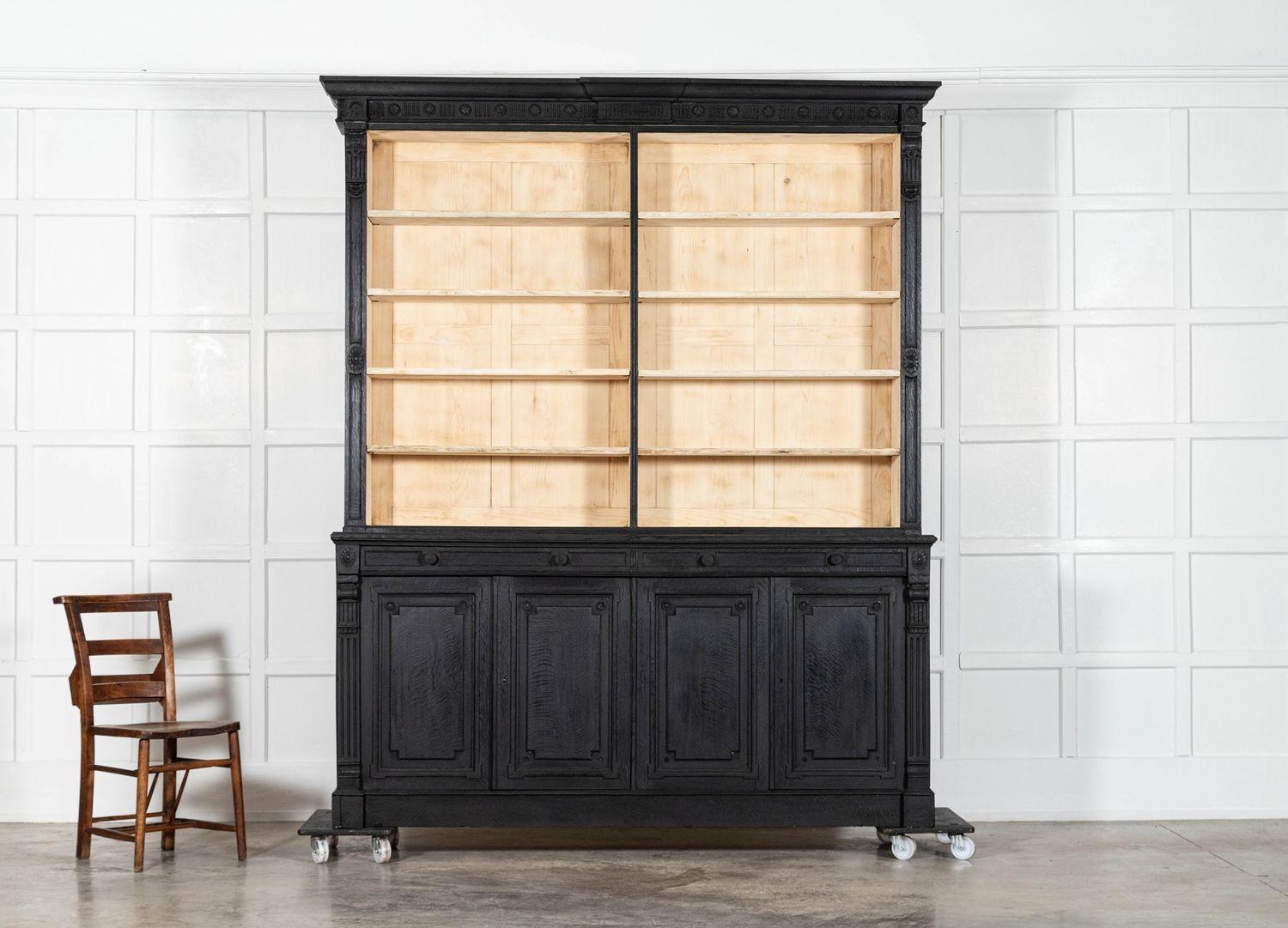 Pair Large 19thC English Ebonised & Bleached Carved Oak Bookcases For Sale 10