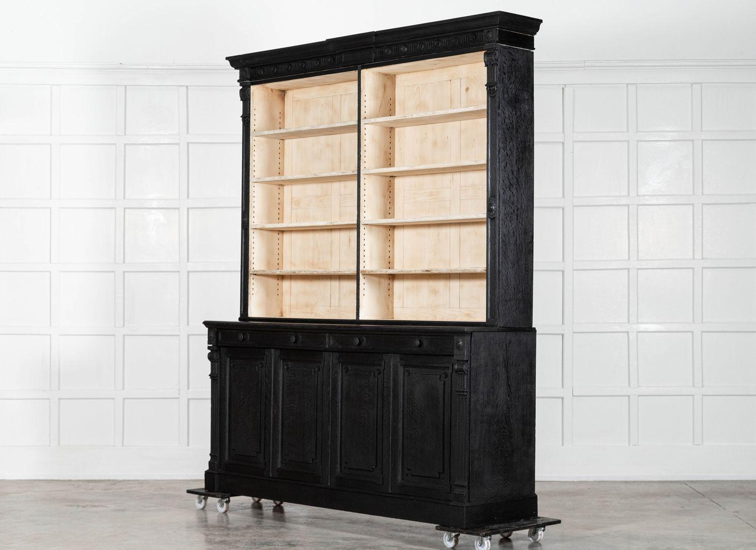 Pair Large 19thC English Ebonised & Bleached Carved Oak Bookcases For Sale 11